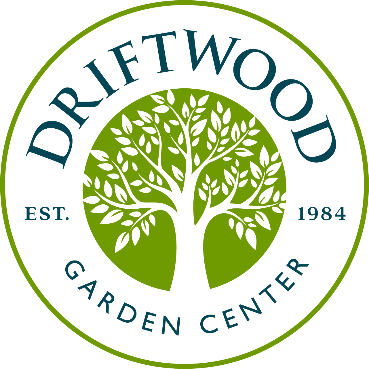 Driftwood Garden Center logo, green circle with tree icon and 