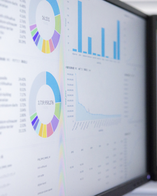 Computer screen with pie charts, bar charts, and line graphs showcasing data (that does not belong to PTE, simply decorative)