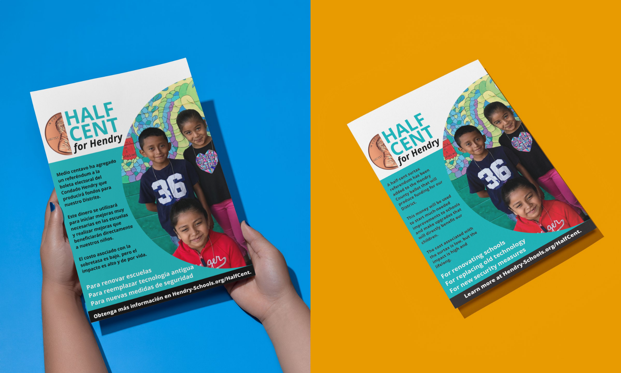 Half Cent for Hendry mockup: two pages (one in Spanish and one in English), showing the campaign and information. Includes a photo of three children