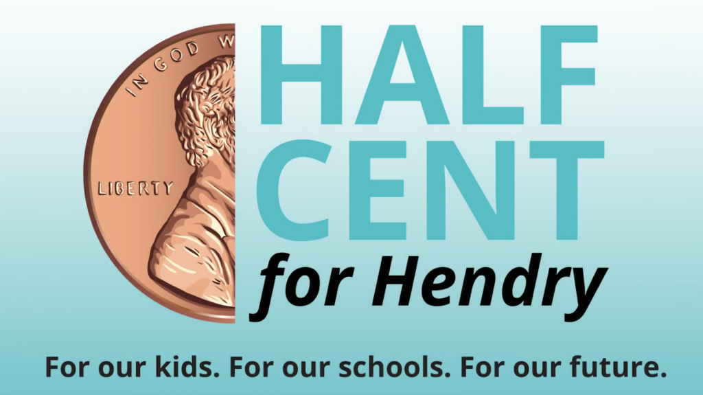 Half-Cent for Hendry. Half penny logo with blue and black text. For our kids. For our schools. For our future.